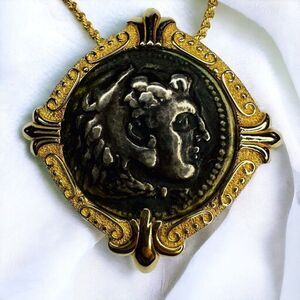 14k Gold Ancient Alexander The Great Coin Necklace 16" Etruscan Revival 7.2g